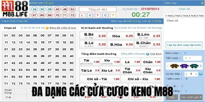 Nhiều hình thức cược keno M88 khác nhau giúp bet thủ thoải mái lựa chọn. 